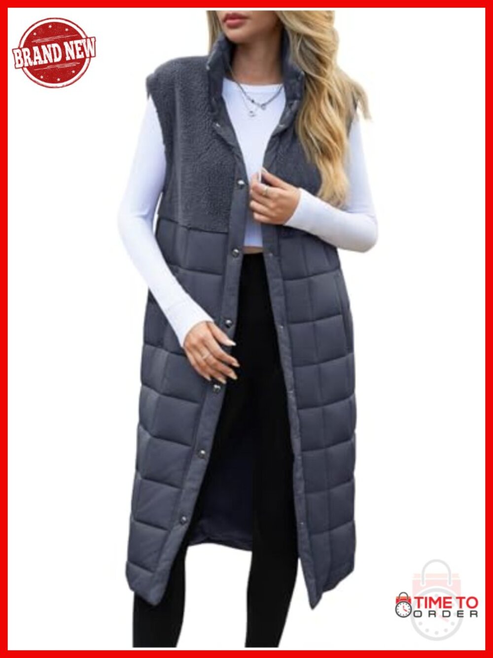 Women's Long Puffer Vest Fleece Jacket Winter Button Down Sleeveless Coat
